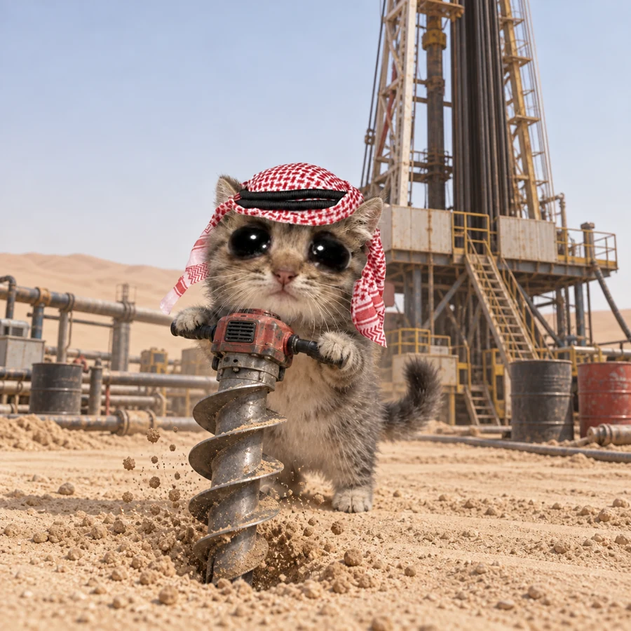Tiny cat at an enormous desert oil rig